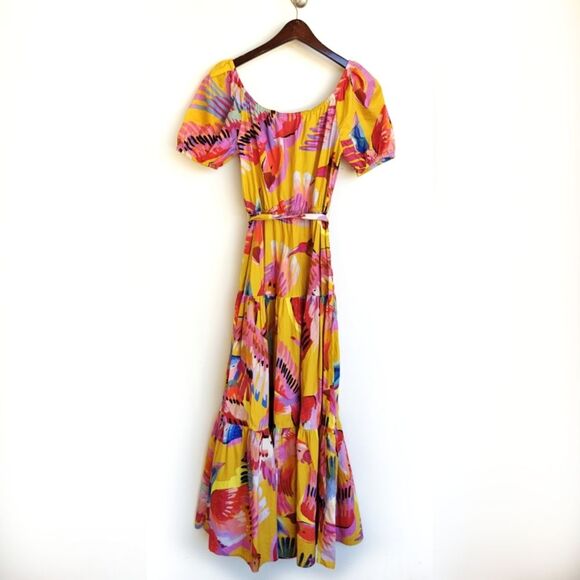 Farm Rio Neon Macaws Maxi Dress Size XS Colorful Off The Shoulder Beaded Belt - Picture 4 of 14